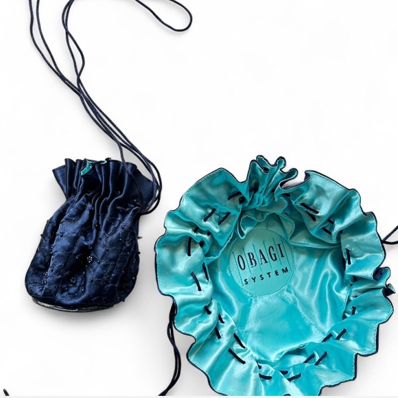 Vintage Blue Obagi satin drawstring bag bundle with black lace trim #y2kglam - Picture 1 of 5